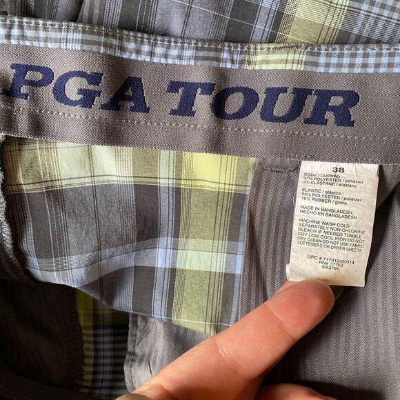 PGA Tour Golf Shorts Plaid Flat Front Blue Green Lightweight 5-Pocket Size 38 - Picture 5 of 6